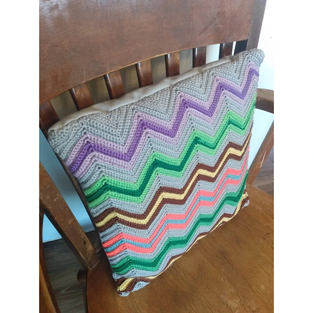 VTG Grandmacore Chevron CROCHET Throw Pillow Cottagecore Farmhouse Homestead 14